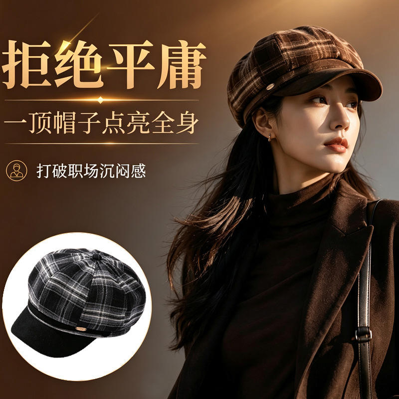 Autumn and winter women's hats: face-slimming, versatile, color-blocked plaid beret, fresh and sweet, versatile, exquisite octagonal hat