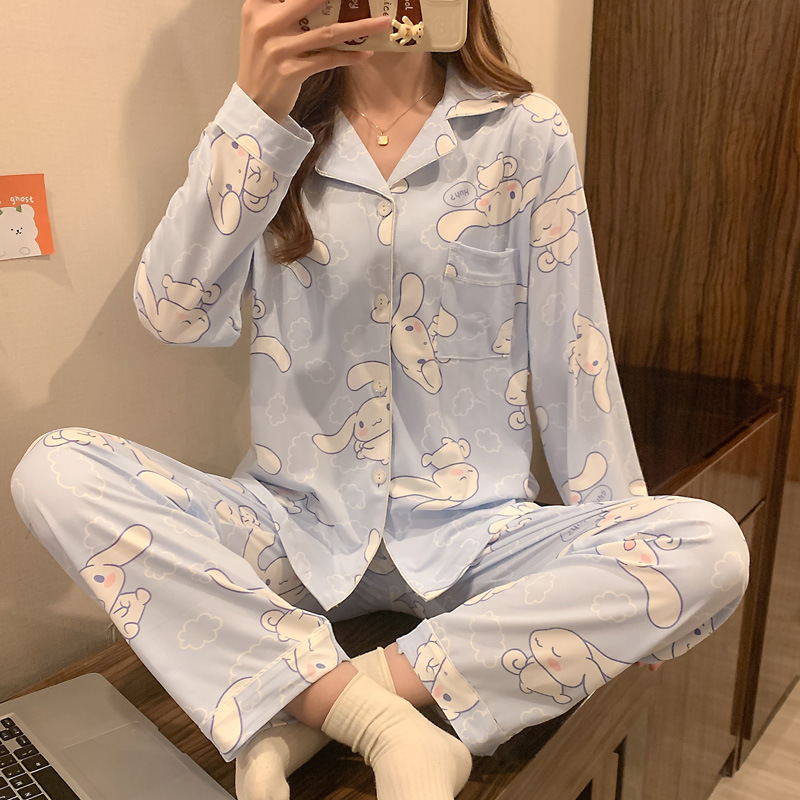 El comercio exterior de primavera y otoño pijamas algodón para las mujeres ins lindo dibujos animados solapa cardigan suelta delgada vestir prendas exteriores homewear