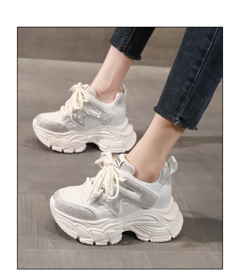 Giày sneaker nữ đế dày tăng chiều cao phong cách thể thao đính đá rhinestone — màu trắng chi tiết 15