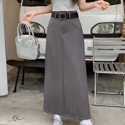 Split A-line suit skirt for women's summer new high-waist black slimming bag hip skirt medium and long gray skirt