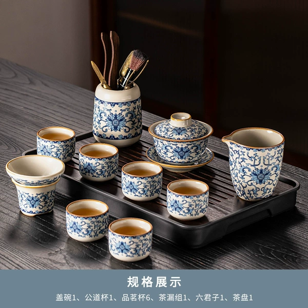 (Prosperity) 10 pieces of covered bowls with six cups + tea ceremony + walnut color large rectangular plate