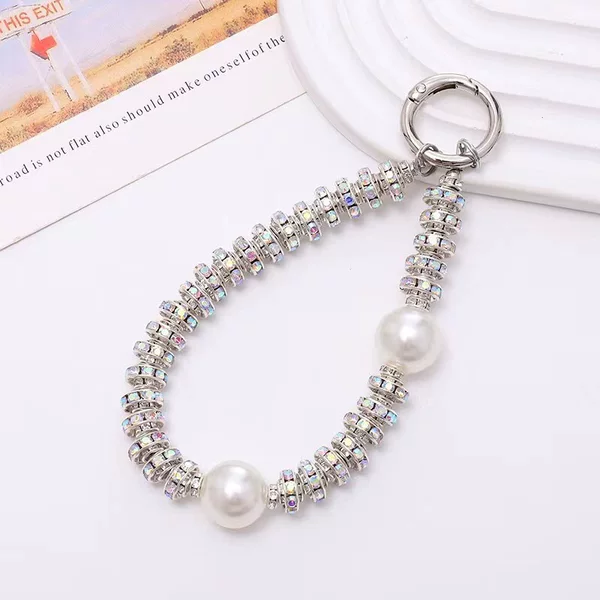 High-end fashion personality creative double beads rhinestone hand chain wristband short lanyard rhinestone mobile phone lanyard