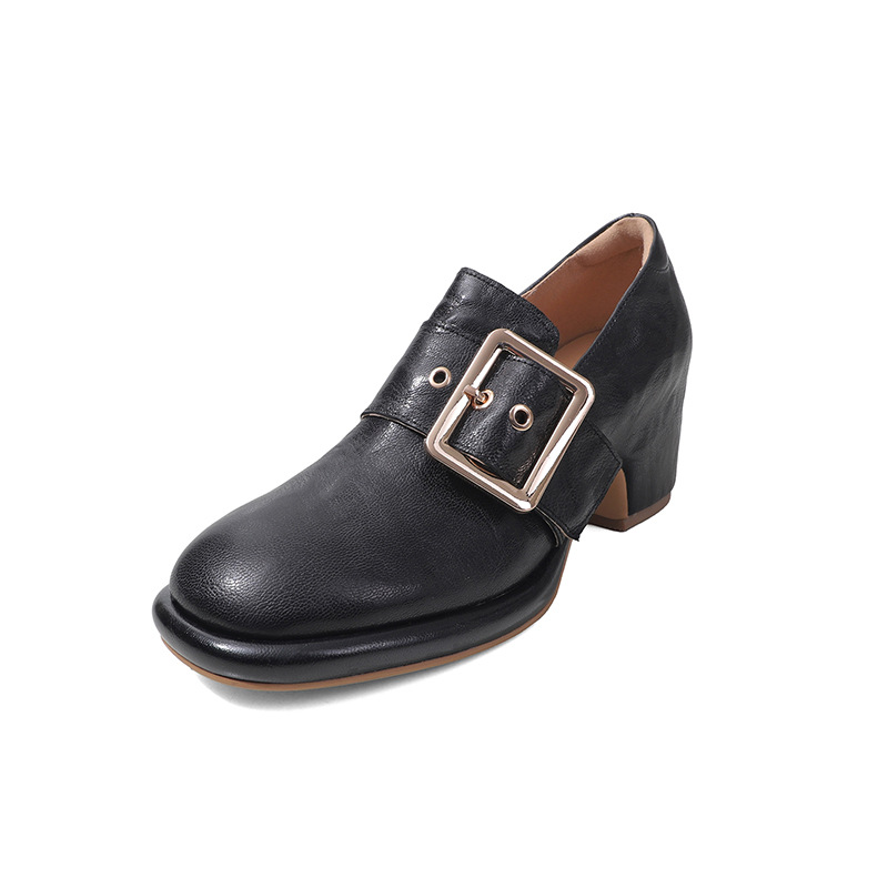 Giày cao gót nữ loafer da cừu gót vuông 7 cm — màu nâu