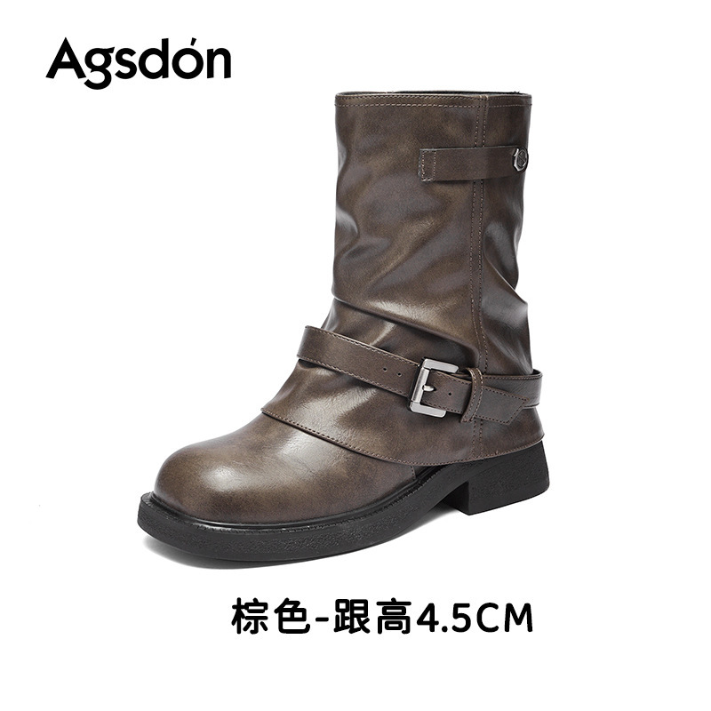 奥古狮登短靴女2025新款秋冬季马丁靴子复古褶皱堆堆靴西部裤管靴|undefined