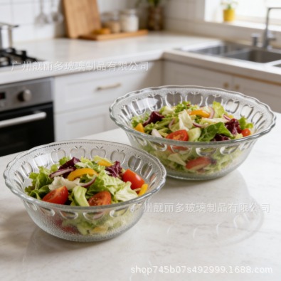 Tazón de ensalada de alto valor facial Tazón de vidrio transparente Tazón de ensalada doméstico Tazón de frutas de microondas Tazón de frutas multi-especificación rentable