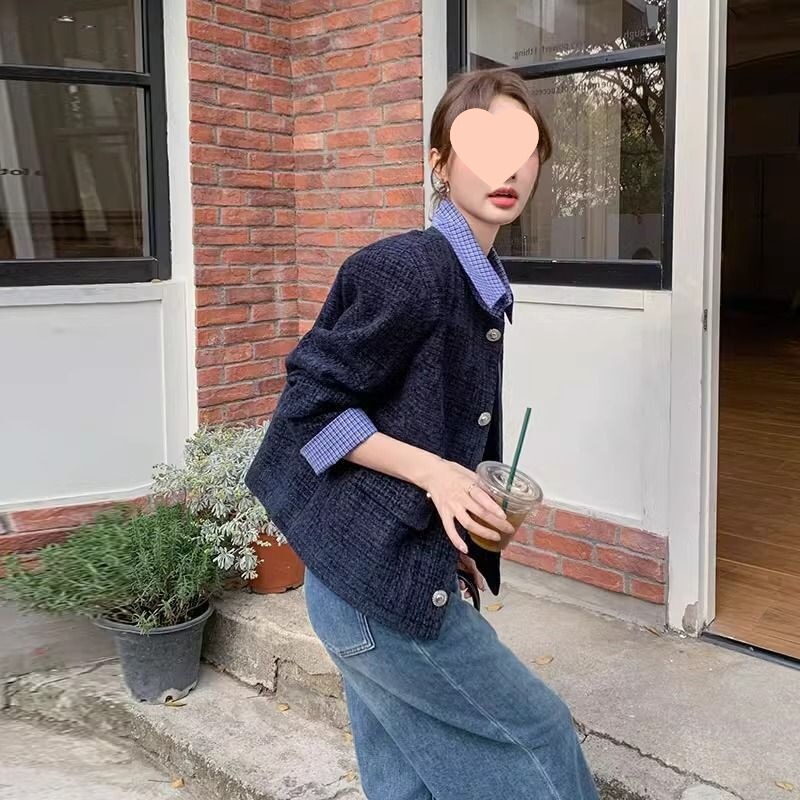 藏青色设计感格纹拼接小香风外套女2025早春新款时髦洋气设计上衣|undefined