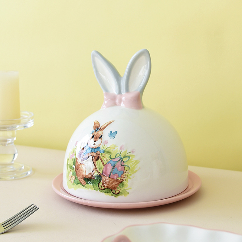 Cerámica de Pascua dibujos animados conejos cubiertos encantadores platos de mantequilla domésticos comercio exterior