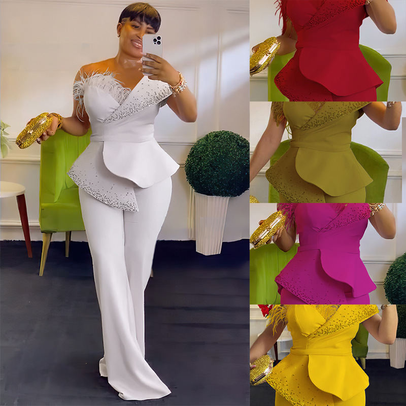 European and American Clothing Cross-Border Independent Station Amazon Off-Shoulder Casual High-Waisted African Large Size Wide-Leg Jumpsuit 3736