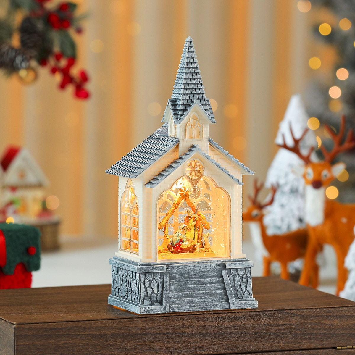 Regalo de Navidad Casa de Santa Claus Lámpara de viento de cristal Decoración de Navidad Decoración de la casa Nieve Música Caja de música