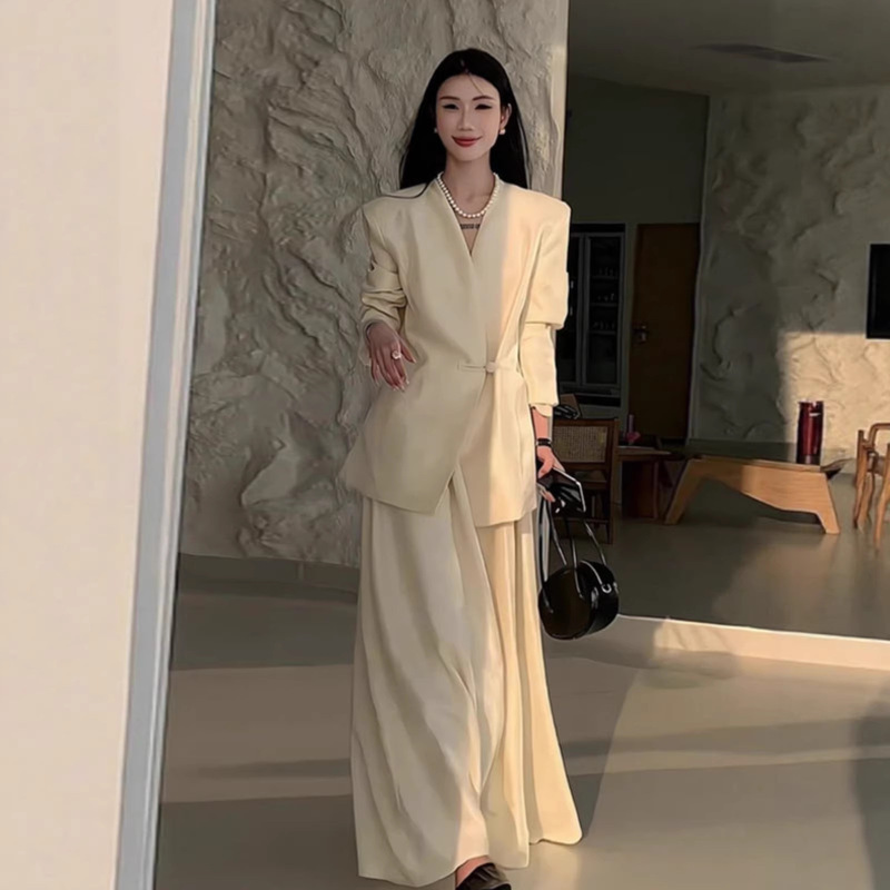 Design Minimalist Style Chinese Fashion Suit for Women Spring Elegant V Neck Suit Jacket High Waist A-Line Long Skirt Two-Piece Set