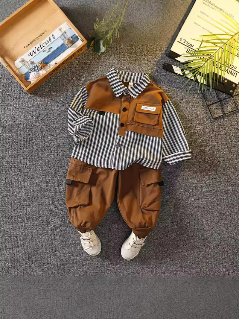 Conjunto de Sudadera a Rayas para Niños 6096, Estilo Primavera-Otoño 2026, Ropa Infantil de Moda, Conjunto de Dos Piezas para Bebés