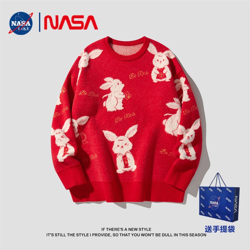 NASA联名圣诞毛衣男女款潮牌兔年红色针织衫情侣款直播爆款打底衫