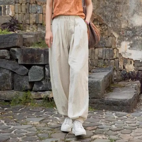 Women's Summer High-End Cotton-Linen Long Pants, Vintage Casual Pants, Loose Versatile Cuffed Pants, Relaxed Fit Harem Pants