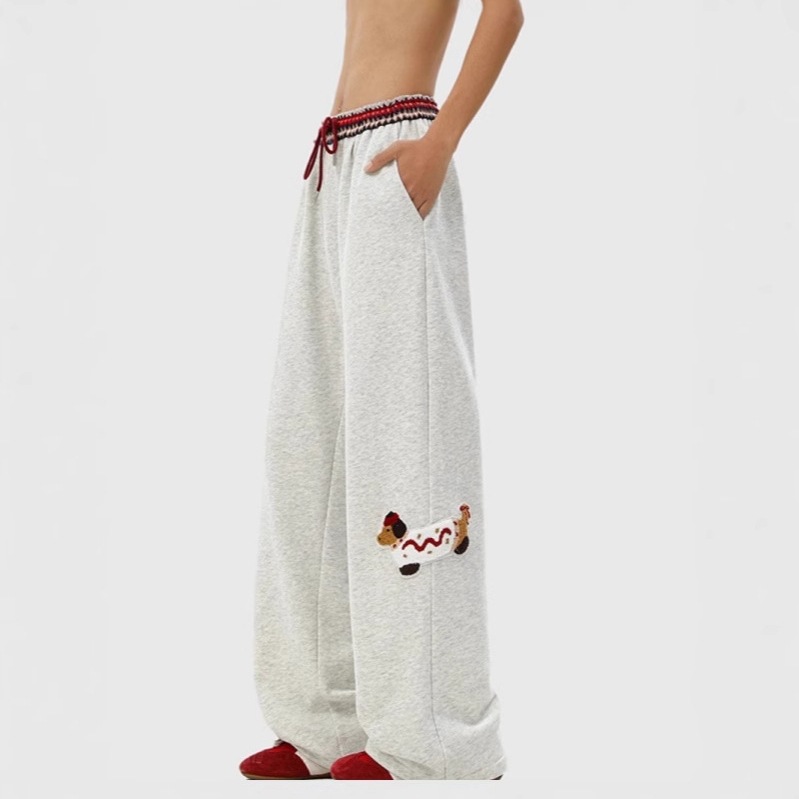 Pantalones deportivos con bordado flocado de perro salchicha para hombre 2025 nuevo estilo de diseño americano con costuras de cintura pantalones casuales rectos