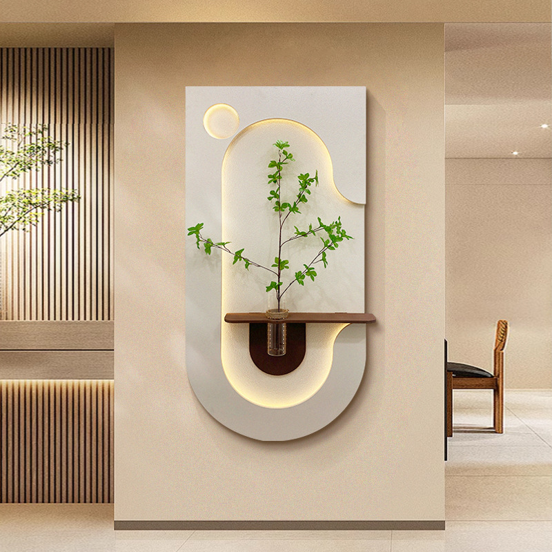 Pintura decorativa estilo crema para la entrada, plantas verdes hidropónicas, lámpara de pared para el pasillo de entrada, pintura colgante para la pared del pasillo, mural tridimensional de arenisca