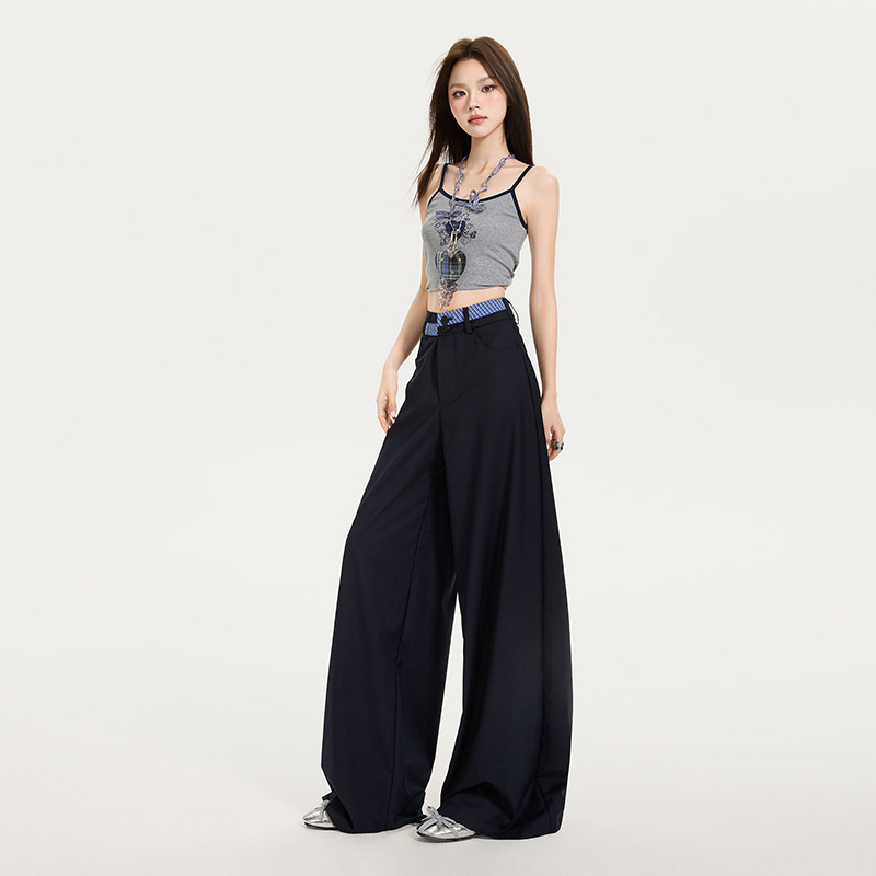 オレンジシルクの女性服 # 女性用ネイビーブルーチェック柄薄手カジュアルパンツ、多用途デザイン、ニッチな痩身ルーズワイドレッグパンツ|undefined
