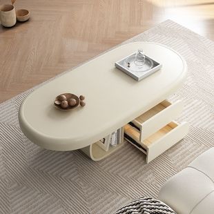 Creamy living room biscuit coffee table for household small apartment internet celebrity feel oval design feel rock slab with drawer