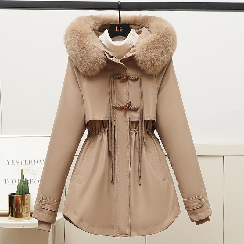 El comercio exterior superó el vello grueso plumón chaqueta de algodón para mujeres de estilo largo estilo coreano de otoño y invierno cintura con capuchón chaqueta de algodón
