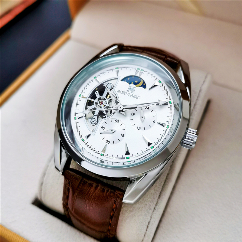Ogulas hueco-hacia fuera gran volante automático reloj mecánico reloj de los hombres impermeable luminoso fase lunar reloj multifuncional 1781