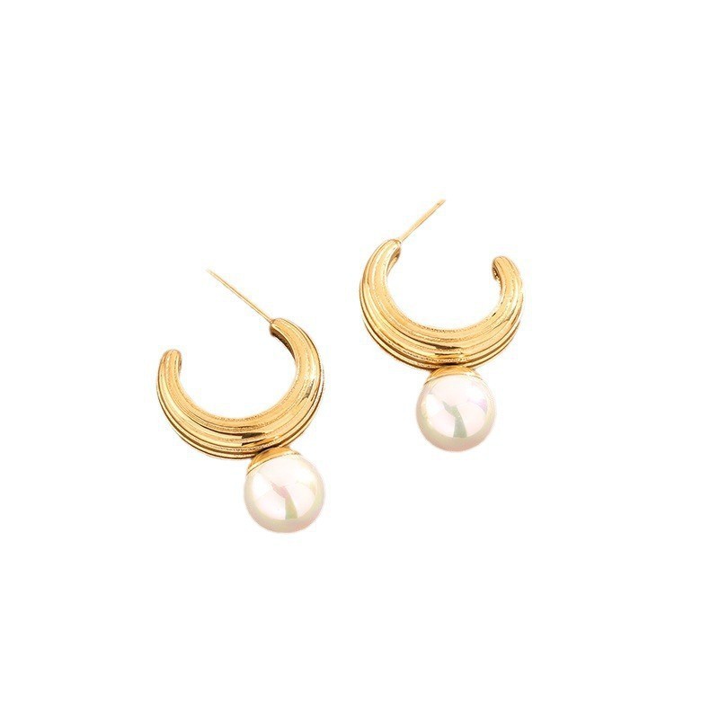 INS estilo francés nuevo 18K chapado en oro vintage hilo en forma de C con incrustaciones de perlas pendientes de acero inoxidable de moda pendientes de todos los partidos