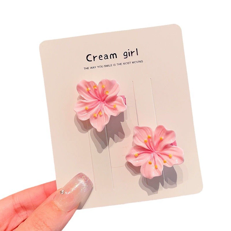 Flower Hair Clips, pink fuchsia set for bangs — assorted clips & elastic bands