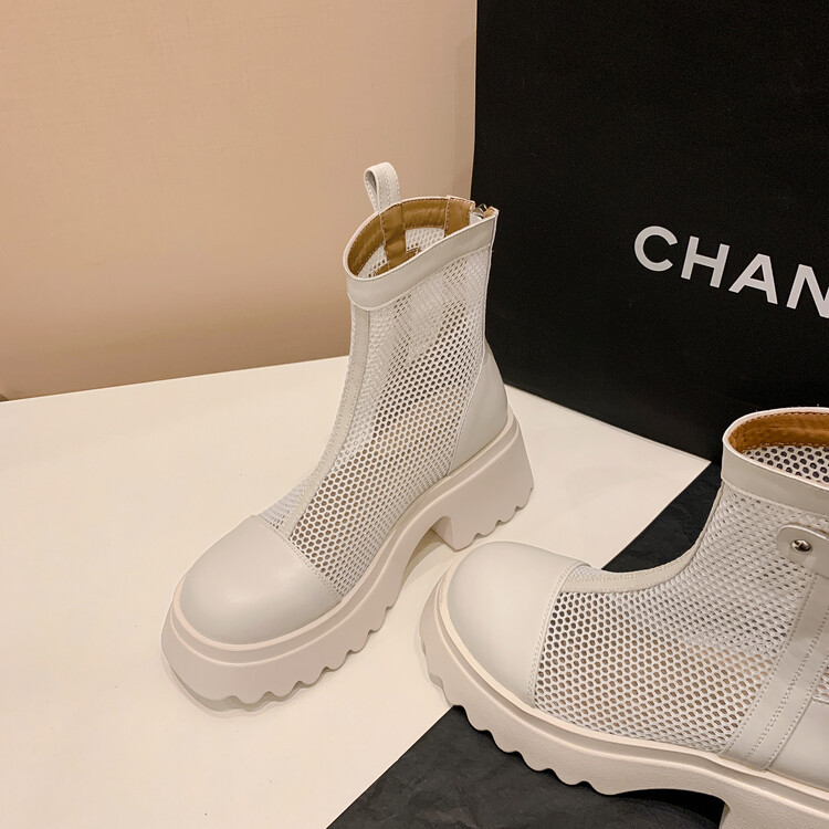 Boot nữ cổ cao đế dày gót bánh xốp da bò lưới thoáng khí xuân hè 2024 — Màu đen, Màu trắng be chi tiết 119