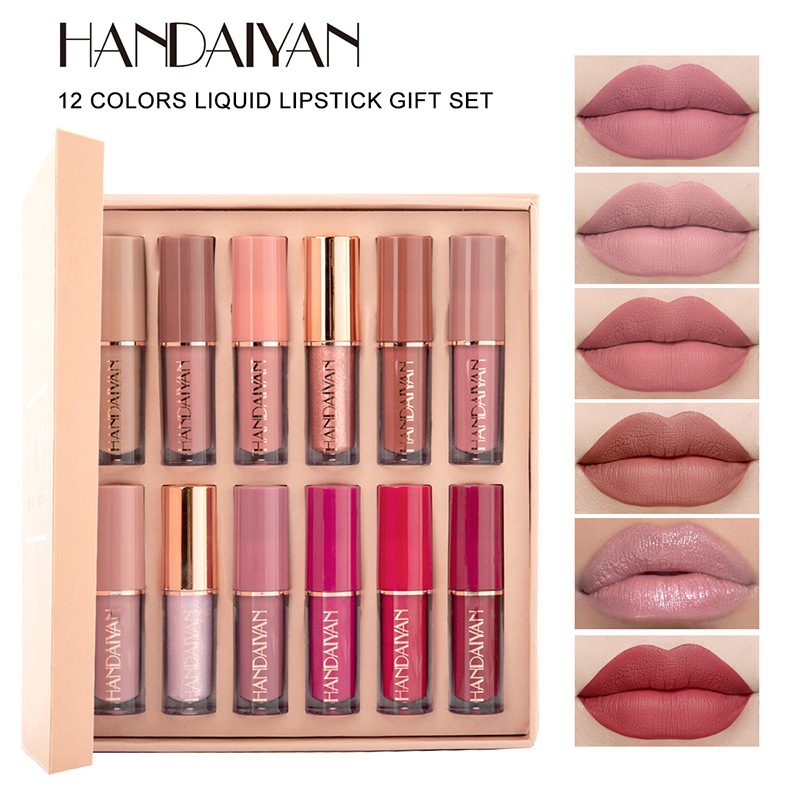 Cross border color makeup 12 color book Lip Gloss Set liquid lipstick set fog matte pearl non stick cup Lip Glaze