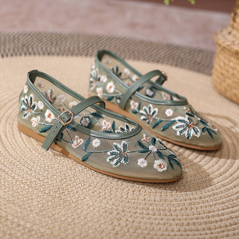 Green autumn retro fashionable breathable ballet shoes flat
