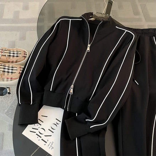 High-end Fashion Western-style Sports Casual Sweat suit Women's Autumn 2025 New High Wide Leg Pants Two-piece Trendy