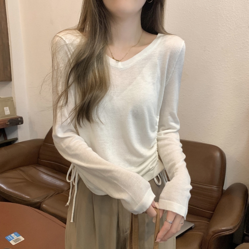 收腰甜辣V领针织衫女不规则上衣2025春秋双侧抽绳内搭长袖打底衫1|undefined