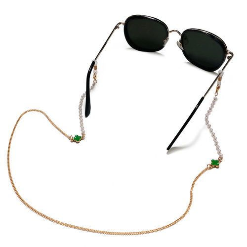 Cross-border hot selling pearl anti-lost lanyard multi-color four-leaf flower glasses chain fashion metal chain hanging neck chain