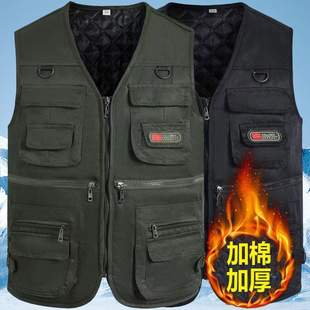 Autumn and Winter Cotton and Velvet Thickeneded Vest for Middle-Aged and Elderly People with Multiple Flap Pocket Pantss, Casual Waistcoat, Fishing Photography, Outdoor Warm Vest