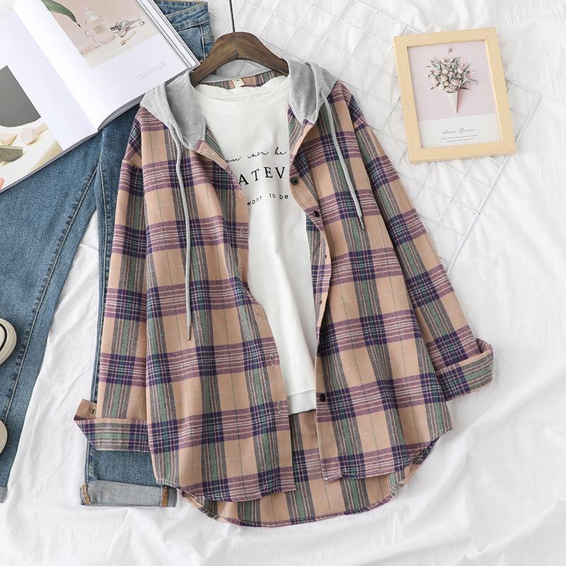 Spring and Autumn College Style Plaid Shirt Women's 2025 New Retro Hong Kong Style Ins Loose Long Sleeve Hooded Shirt Jacket