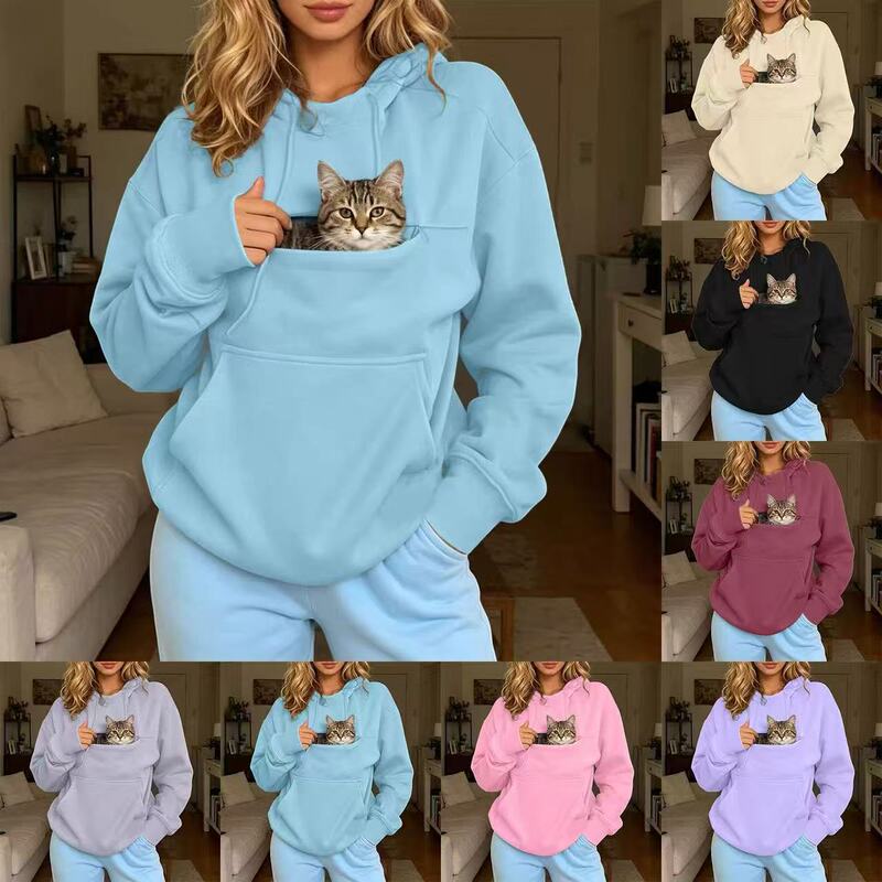 New European and American cross-border cat pocket zip-up hoodie for women, loose-fitting solid color casual couple style autumn and winter top