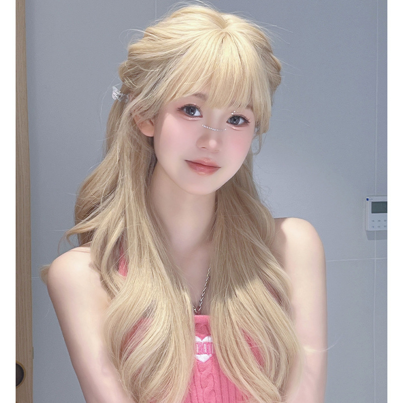 Wig women's long hair long curly hair full head cover milk tea Golden White full top fashion natural invisible seamless wig