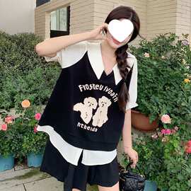 短袖大码女装夏装上衣假两件印花衬衫减龄学院风上衣小衫图片色
