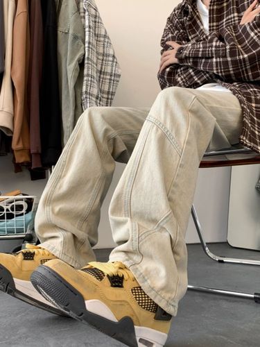 American Retro Yellow Clay Dye Jeans for Men Spring and Autumn Vibe Flared High Street Straight Leg Youth Embroidered Casual Pants