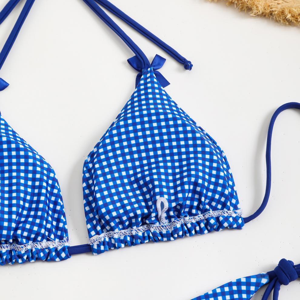 Bikini Swimwear Women Split Bikini Plaid Printed Bow Sexy Swimsuit