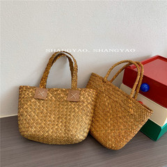 小眾設計潮童簡約手工草編手提包夏季寶寶外出旅遊便攜敞口兒童包