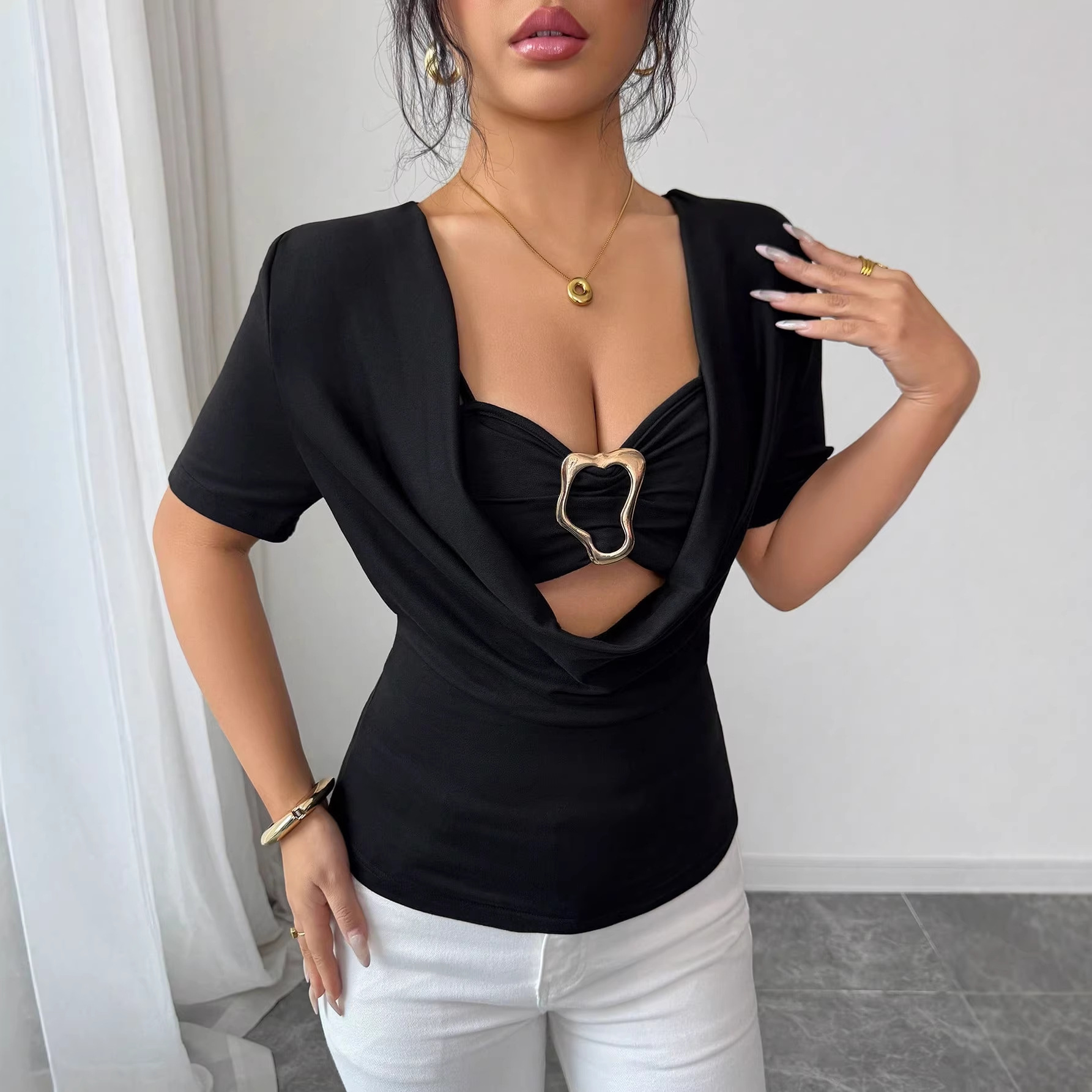 Women's Solid Color Duffle Neck Top With Metal Buckle Faux Two Piece Short Sleeved Trendy Hot Girl_ecoleips.com