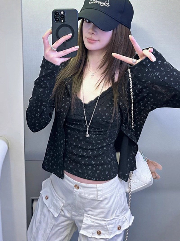 绝美漂亮套装辣妹风蕾丝碎花吊带背心早秋两件套黑色碎花长袖开衫|undefined