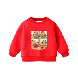 儿童男孩卡皮巴拉水豚君印花洋气卡通卫衣圆领加厚长袖宽松上衣服