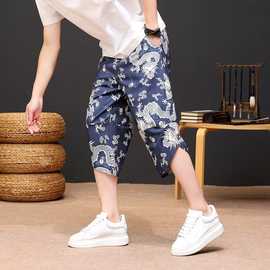 夏季灯笼裤男士阔腿小脚宽松大码中国风七分沙滩哈伦休闲短裤