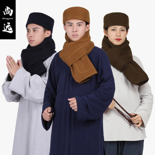 Shangyuan Plush Hat and Scarf Two-Piece Set Warm Monk Hat and Scarf Chinese Style Retro Velvet Hat and Scarf