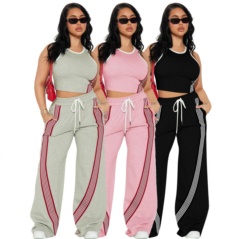 F6026 European and American Cross-border Women's Fashion Casual Vest and Side Stripe Sports Trousers Two-piece Set