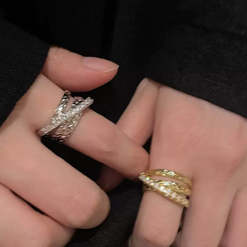 精致多层交叉锆石开口戒指女轻奢小众高级食指戒个性时尚情侣指环