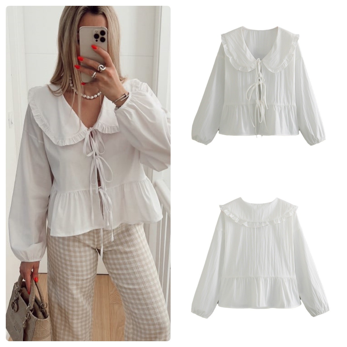 2024 Summer New Solid Color Polo Cardigan Slim Fit Lace up Long sleeved Women's Shirt B63060_voghion.com