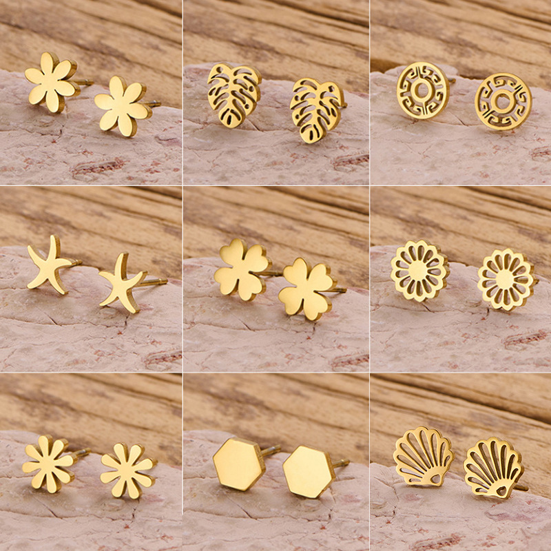 Nuevos productos de comercio exterior transfronterizo: pendientes minimalistas de acero inoxidable con diseño de flor, palmera y corona, estilo japonés y coreano, disponibles para venta al por mayor. image 1