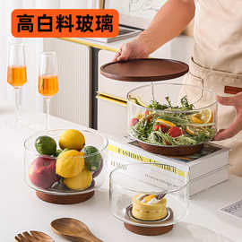 外贸热销橡木高白料玻璃果盘沙拉碗高脚水果盘客厅零食糖果干果盘