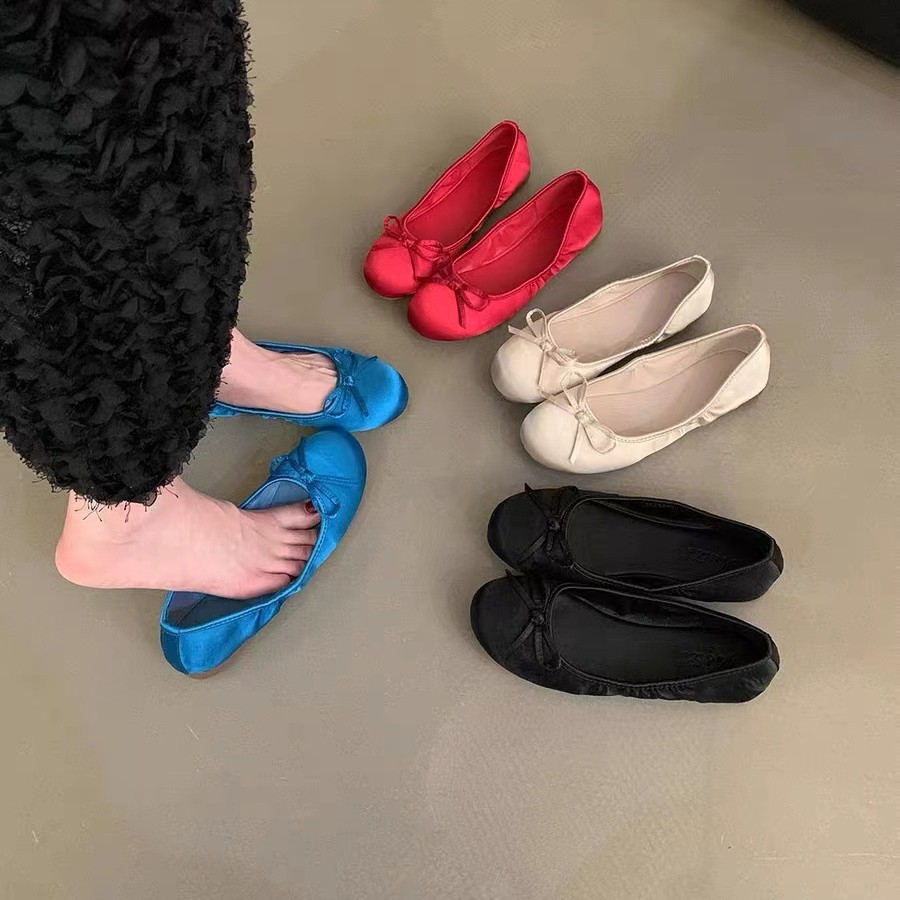 South Korea Ins Satin French Shoes Women's 2025 New Bow Ballet Flat Shoes